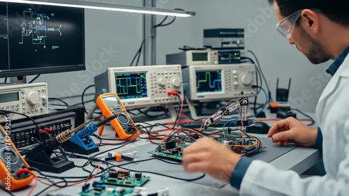 A scientist in a lab coat works on electronic circuits with various tools, testing and assembling components