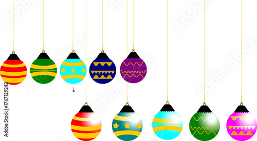 A collection of colorful, patterned Christmas ornaments hanging from golden strings on a white background.