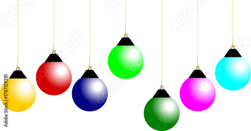 A collection of eight brightly colored Christmas baubles hanging from golden strings against a plain white background.