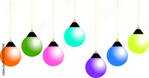 A set of seven colorful, round holiday ornaments hanging from golden strings against a white background.