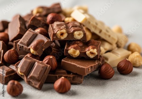 Delicious pile of milk and white chocolate pieces with whole toasted hazelnuts
