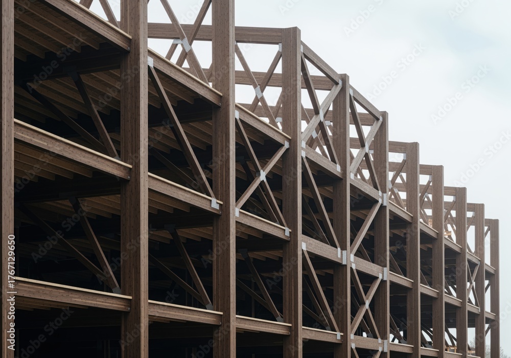 Obraz premium Multi story commercial building under construction with exposed timber frame structure