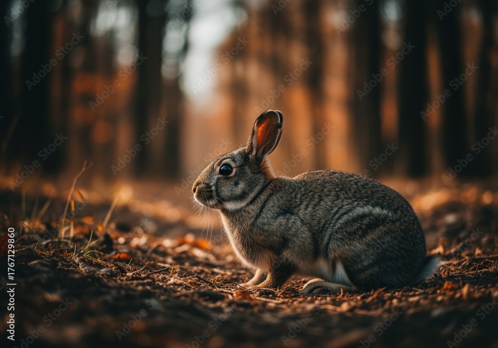 Obraz premium Wild rabbit crouching in an autumn forest with warm golden light