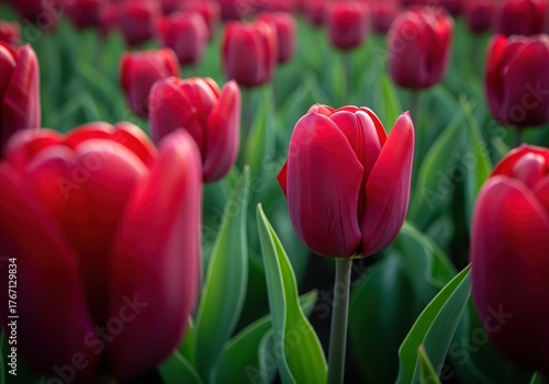 Vibrant deep crimson tulips blooming in a lush garden bed at low angle