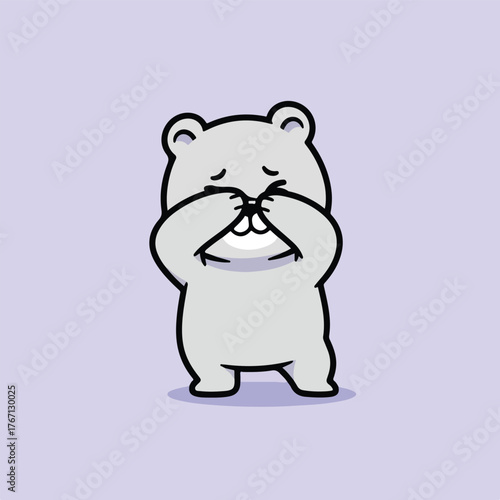 Cute cartoon bear covering eyes with playful expression on purple background