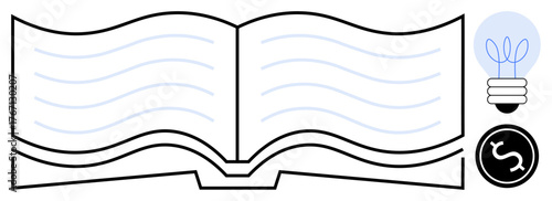 Open book with blue lines, glowing lightbulb, and coin with dollar sign. Ideal for education, creativity, finance, success, growth learning invention. Simple flat metaphor