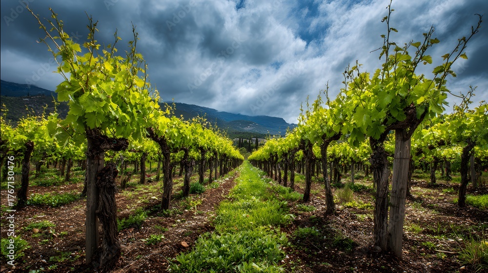 Naklejka premium Rows of verdant grapevines stretch toward distant mountains under a dramatic sky