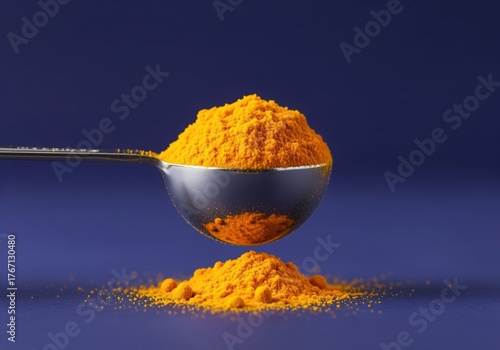 Vibrant turmeric powder overflowing from a silver measuring spoon