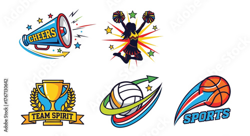 Colorful illustrations of cheerleading sports equipment and team spirit graphics