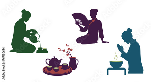 Silhouettes of women enjoying a traditional japanese tea ceremony scene
