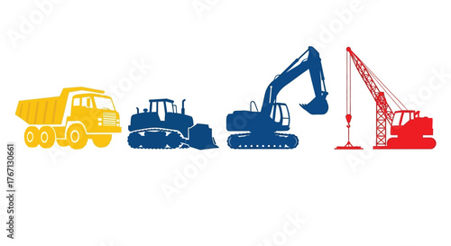 Construction equipment lineup featuring a dump truck bulldozer excavator and crane