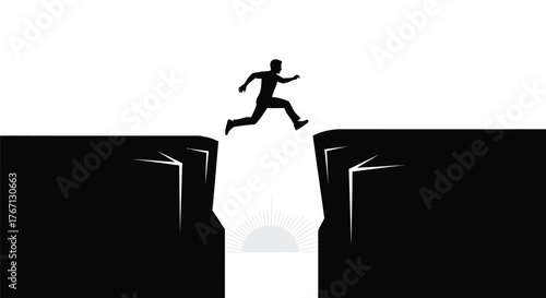 A silhouette of a man leaping across a dark chasm facing forward