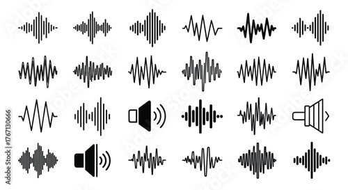 Collection of various sound wave patterns and audio speaker icons shown