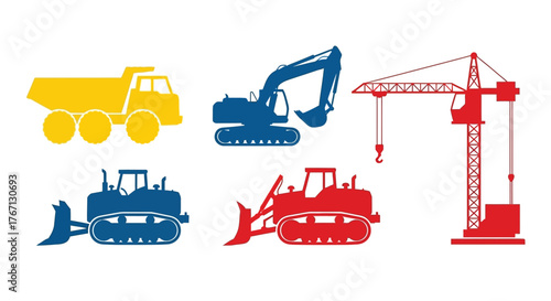 Colorful construction equipment icons depicting vehicles used in building projects