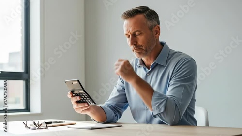 A man is thoughtfully calculating on a calculator while seated at a desk near a window