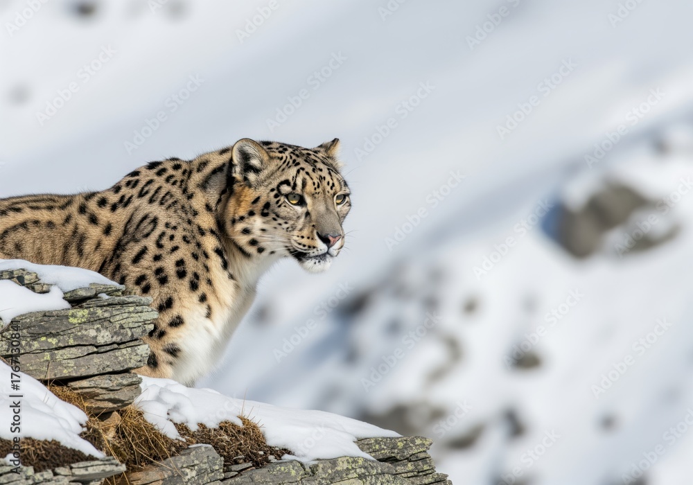 Obraz premium Powerful snow leopard with striking spotted coat in snowy mountain habitat