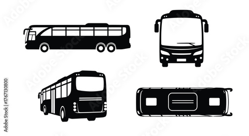 Black and white silhouettes showing a public transportation bus from multiple views