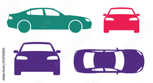 Stylized illustrations of vehicles in various colors and perspectives shown