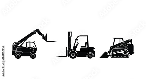 Silhouettes of construction machinery a telescopic handler forklift and skid steer