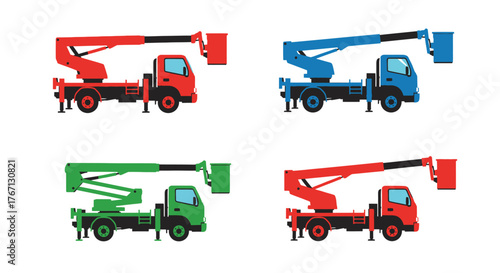 Four colorful flat vector illustrations of articulated boom lift trucks