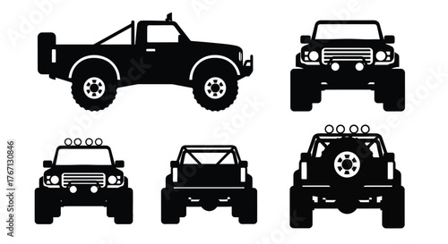 Black and white illustrations of off road vehicles in various views