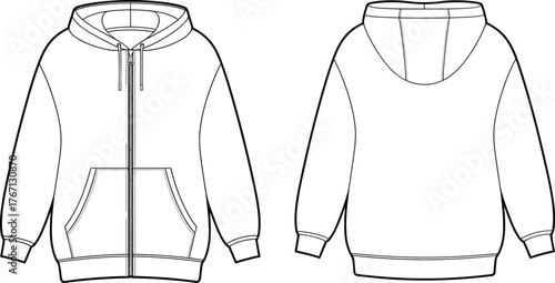 Hooded sweatshirt vector, front back view, zipper hoodie sketch, kangaroo pocket design, fashion flat template, drawstring hood illustration