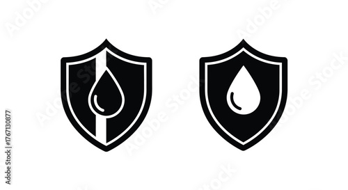 Black shield icons with a water droplet inside simple design elements