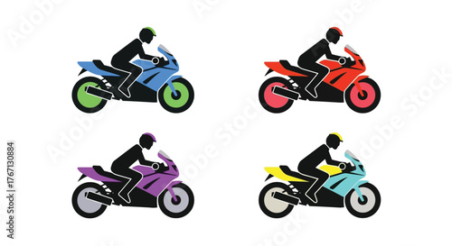 Colorful silhouettes of sport motorcycles depicted in a simple graphic style