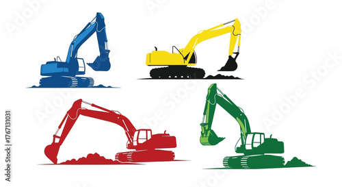 Colorful illustrations of excavators in red blue yellow and green hues