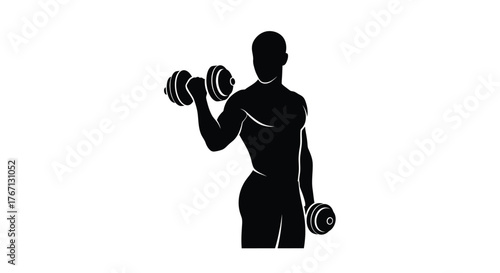 Silhouette of a muscular man lifting a dumbbell for strength training