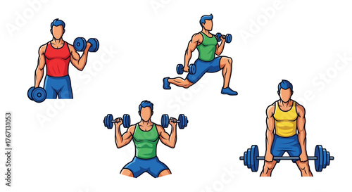 Cartoon illustration of muscular men performing various dumbbell exercises