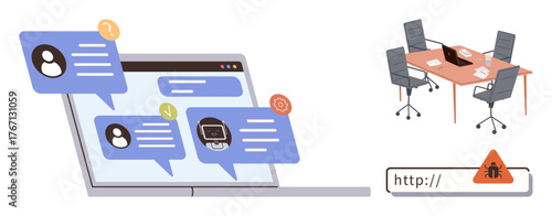 Chat bubbles on a laptop screen, boardroom table with chairs, bug alert on a URL. Ideal for teamwork, communication, cybersecurity, risk management, productivity, virtual meetings IT awareness
