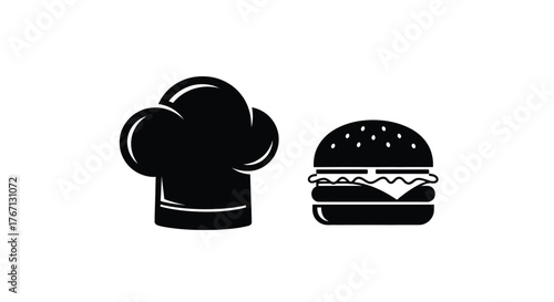 A simple black and white illustration of a chef s hat and burger
