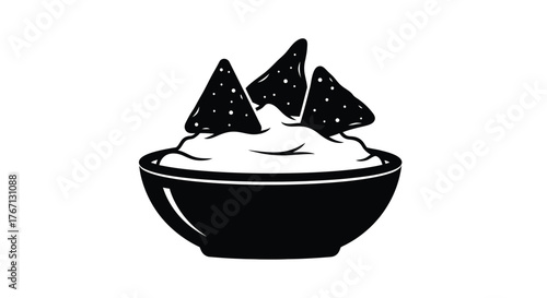 A black and white illustration of tortilla chips with a creamy dip