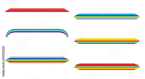 Colorful layered ribbon banners and decorative stripes on a white background