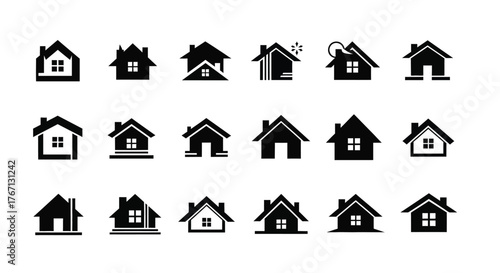 Collection of simple black and white house icons in various styles
