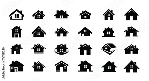 Collection of simple black and white house icons in various styles