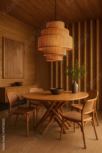 Elegant Mid-Century Modern Inspired Dining Room with Layered Tiered Rattan Chandelier, Bamboo Walls, and Round Wood Table