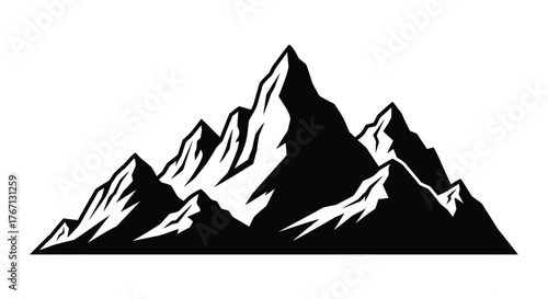 A striking black and white illustration of a rugged mountain range scene