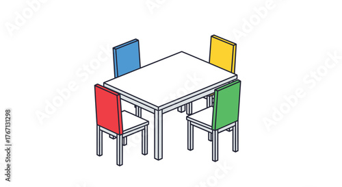 Simple illustration of a square dining table with four colorful chairs