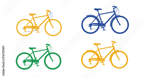 Four colorful bicycle illustrations against a plain white background are shown