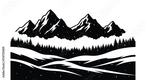 Black and white illustration of majestic mountains and a winter landscape