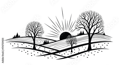 A serene landscape with trees rolling hills and a radiant sun design