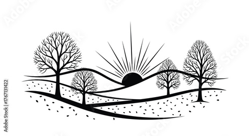 A minimalist black and white drawing of trees and a setting sun