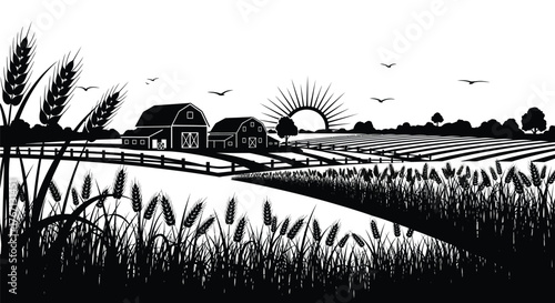 A peaceful black and white illustration of a rural farm landscape scene