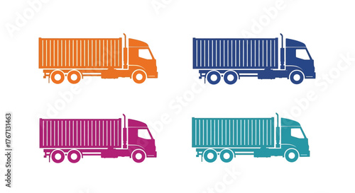 Four colorful semi trucks with shipping containers in a flat design style