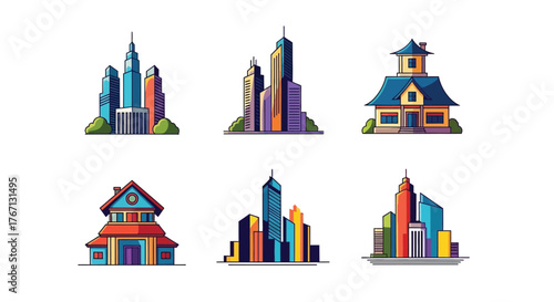 Colorful cartoon illustration of varied buildings and city skyline elements
