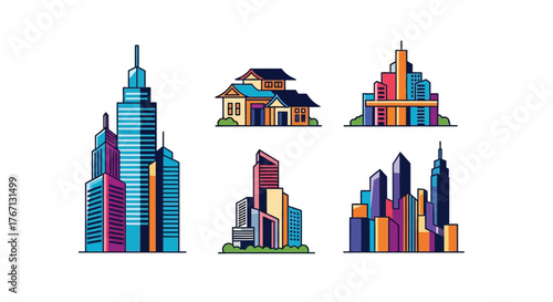 Colorful and stylized illustrations of diverse buildings and city structures