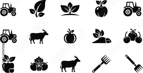 Agriculture icons, farming symbols, tractor, cow, apple, tomato, pumpkin, leaf, soil, crop, harvest, food, garden, equipment, livestock, vegetable, organic, rural, cultivation, farmland, nature