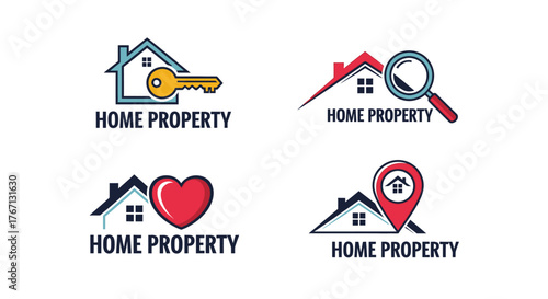Illustrations of home property elements like keys roofs and location pins